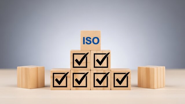 Wooden blocks with checkmarks and iso on top symbolizing quality control and certification process in a business or industrial setting with a grey background