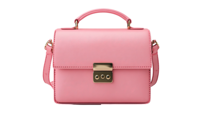 A stylish, light pink handbag with a gold clasp and handle, featuring a shoulder strap