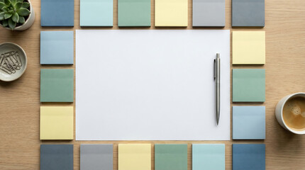 A creative workspace with colorful sticky notes and a cup of coffee on a wooden desk