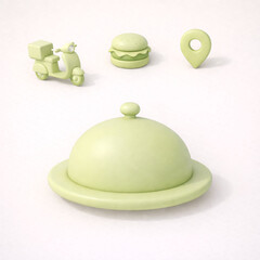 3D Clay Food Delivery Set&mdash;Large Cloche with Scooter, Burger, Map Pin