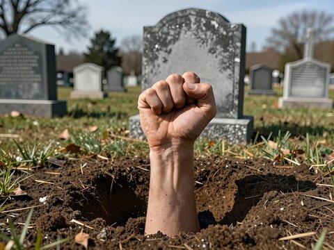 Dramatic high resolution photograph of a human hand emerging from a grave. A clenched fist rises from freshly dug soil in a quiet cemetery. Conceptual image of resurrection, horror, life after death.
