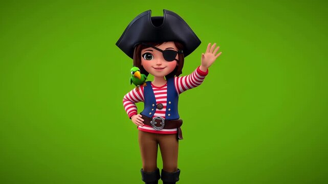 Cheerful cartoon pirate girl with parrot on green background