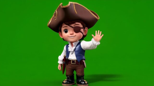 Cute cartoon pirate character waving on green background