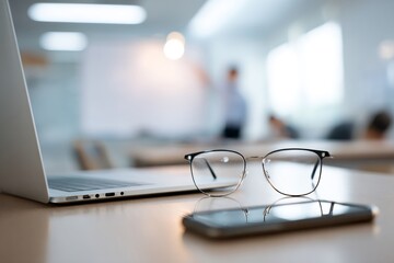 Eyeglasses on a modern office desk with a laptop and smartphone. Business and technology concept with a blurred background and copy space