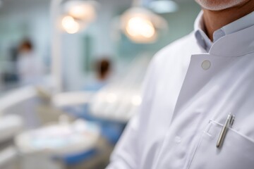 Close up of a dentist wearing a white coat with a pen in the pocket. Professional doctor standing in a blurred dental clinic background