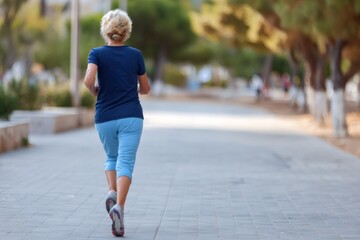 Rear view of a senior woman jogging in a park. Active elderly lady running outdoors. Healthy lifestyle and fitness concept