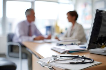 Stethoscope on medical files with blurred doctor and patient in background. Healthcare consultation concept