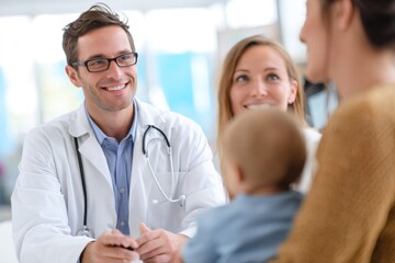 Obraz premium Friendly male pediatrician smiling during a consultation with a mother and her baby. Doctor providing family healthcare in a modern clinic
