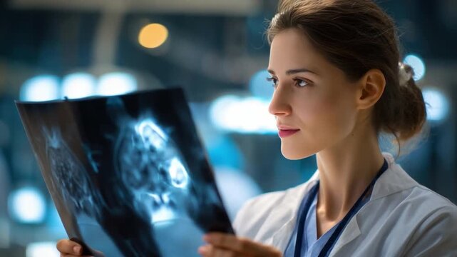 Radiology Examination: A focused medical professional meticulously examines an x-ray, a symbol of expertise and dedication to healthcare and well-being.
