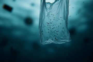 Underwater view of plastic pollution with small fish trapped inside a floating bag. Environmental crisis and marine contamination concept