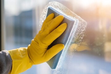 A hand in a yellow rubber glove cleans a window with a sponge. Housework and professional cleaning service. Washing a glass surface with soapy water
