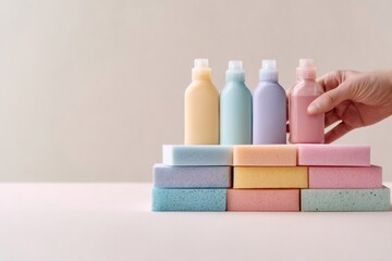 Hand arranging pastel product bottles on colorful sponges. Minimalist beauty and cleaning concept with copy space