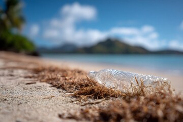 Plastic bottle waste washed ashore on a tropical beach. Environmental pollution and ocean contamination concept