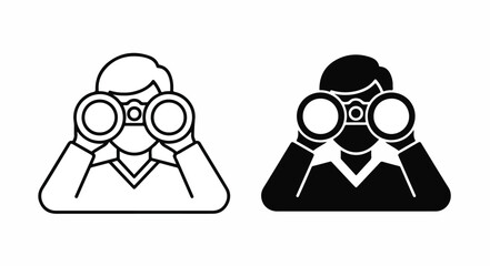 Two line icons of people looking through binoculars in black and white on a plain background.