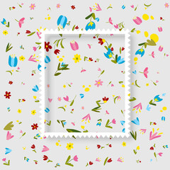 Photo frame mockup designed as a postage stamp. The white square frame features a soft inner shadow and is decorated with charming hand-drawn wildflowers. Perfect for scrapbooking, seasonal greeting c