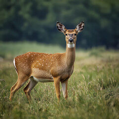 Obraz premium Alert European Roe Deer Buck Standing in Tall Summer Meadow Grass, Evoking Wilderness Freedom and Quiet Curiosity