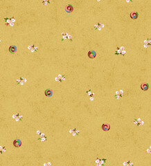 Minimalist Seamless Pattern with Tiny White Flowers and Multi-Colored Circles on Textured Sand Background