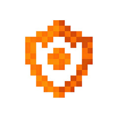 Obraz premium Pixelated golden shield with an inner cross on a black background