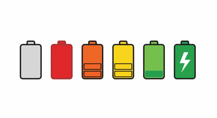 A row of six battery icons in different colors and charge levels on a white background with a flat design style.