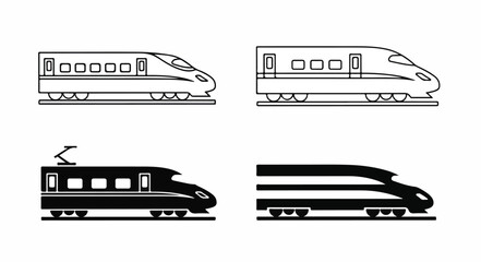 Four different train silhouettes and line drawings on a white background in black and white.