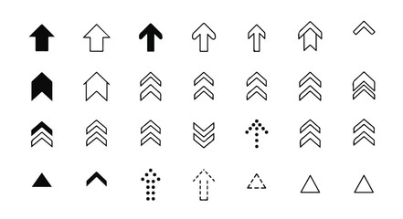 A collection of various black and white arrow icons on a plain white background, featuring multiple styles and designs.