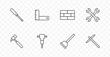 Construction tools set icon. Screwdriver, ruler, bricks, wrenches, hammer, jackhammer, plunger, pickaxe, all in simple line work for building and repair tools.