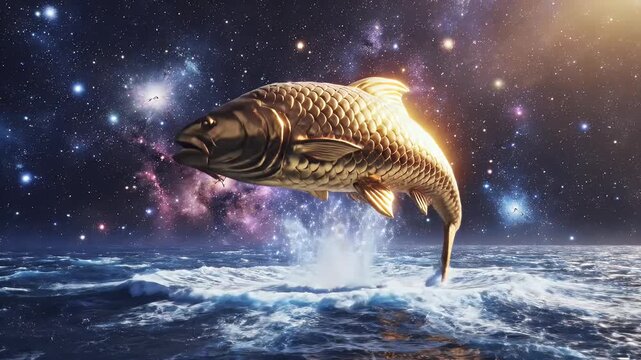Matsya Jayanti Golden Fish Avatar Jumping Cosmic Ocean Water Splash
