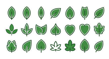 Collection of various green leaf icons in different shapes and sizes on a white background with a natural and earthy feel.