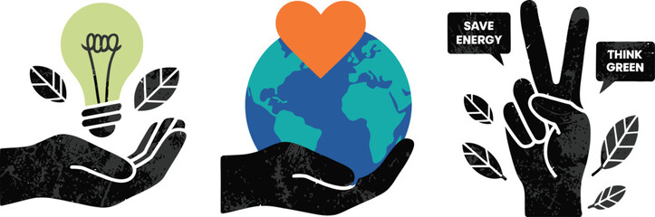 A collection of three environmental conservation icons featuring a lightbulb, planet Earth, and a peace sign