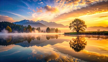 Fototapeta premium Serene lake reflects dawn, mountains, trees, and golden sky