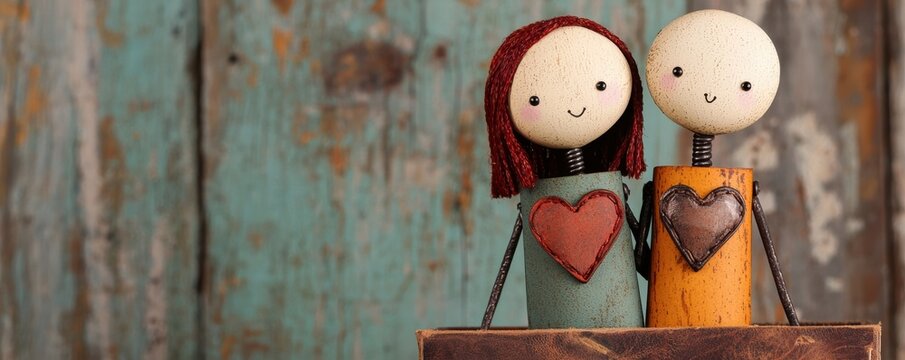 Two charming handmade figurines with hearts, symbolizing love and companionship, set against a rustic wooden background.