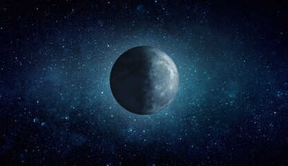 Moon in outer space against a starry sky, half illuminated and half in shadow. Detailed lunar surface with craters surrounded by deep blue space, stars. Elements of this image furnished by NASA © Tryfonov