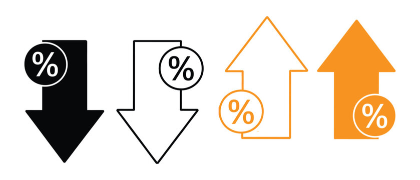 arrow icon with percent symbol, economic growth, increase, decrease arrow, up and down arrow icon. Concept for percentage of interest rate, growth profit, stock price etc. Thin line or outline of shap