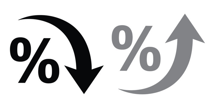 arrow icon with percent symbol, economic growth, increase, decrease arrow, up and down arrow icon. Concept for percentage of interest rate, growth profit, stock price etc. Thin line or outline of shap