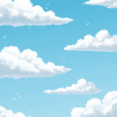 Blue sky with soft white clouds and flying birds, calm dreamy sky illustration background