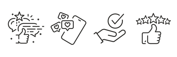appreciation, acceptance, positive recognition, set icon of satisfaction, social media interaction icons, line vectors on white