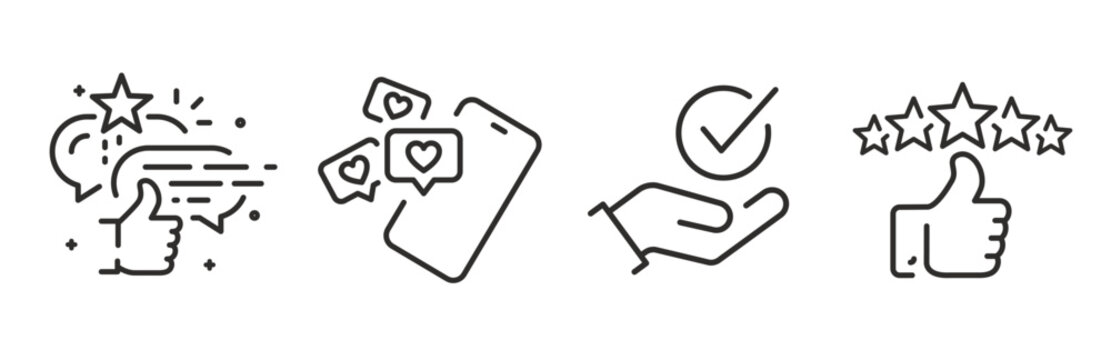 appreciation, acceptance, positive recognition, set icon of satisfaction, social media interaction icons, line vectors on white