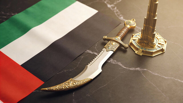 Display of UAE flag with traditional dagger and Burj Khalifa model on a black background