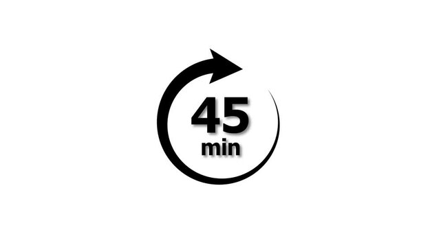 Animation video timer icon with 45 min. timer 45 minutes countdown icon. motion graphic arrow Clock 45 minute icon, white background 4k video animation