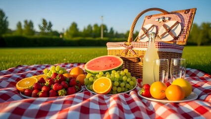 A vibrant picnic setup on a red and white checkered blanket in a sunny park with fresh fruits and refreshing drinks.