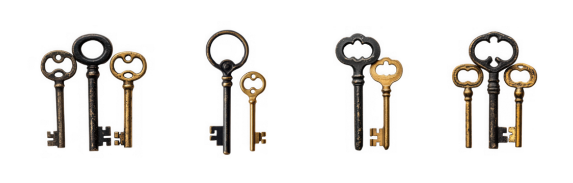 a collection of antique ornate keys in gold and black tones displayed on transparent background - Powered by Adobe