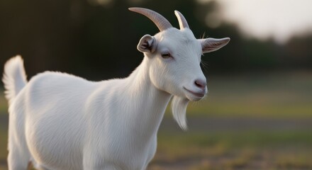 Obraz premium Close-up Portrait of a Pristine White Dairy Goat Standing in a Field at Sunset for Organic Farming and Sustainable Livestock Marketing.