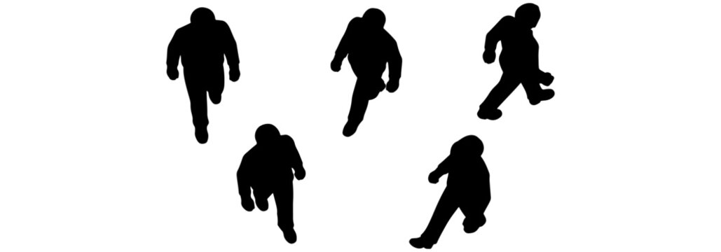 Top View Walking People Silhouette CAD Blocks - Solid Black Moving Human Figure Symbols for Architectural Circulation Plans