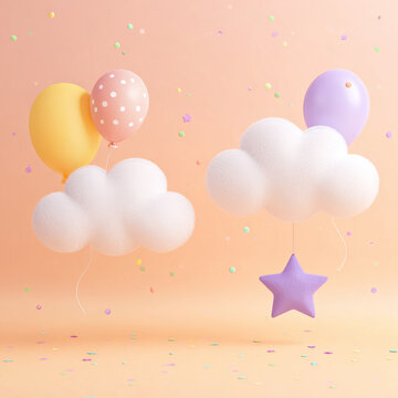 Cute pastel clouds with balloons and star shapes, dreamy playful 3D illustration background