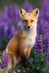 Obraz premium Red fox in vibrant purple lupine field
