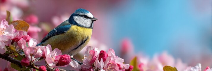Colorful blue tit bird perched on blossom branch in springtime nature scene