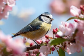 Obraz premium Blue tit perched among cherry blossoms in springtime garden scene