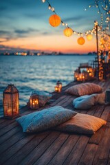 Fototapeta premium A cozy wooden deck by the water at sunset, with pillows, lanterns and string lights. Concept Sunset Waterfront Deck, Cozy Outdoor Lounge, Pillows and Lanterns, String Lights Ambience