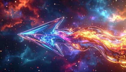Gleaming glass arrow trails through a vibrant cosmic nebula
