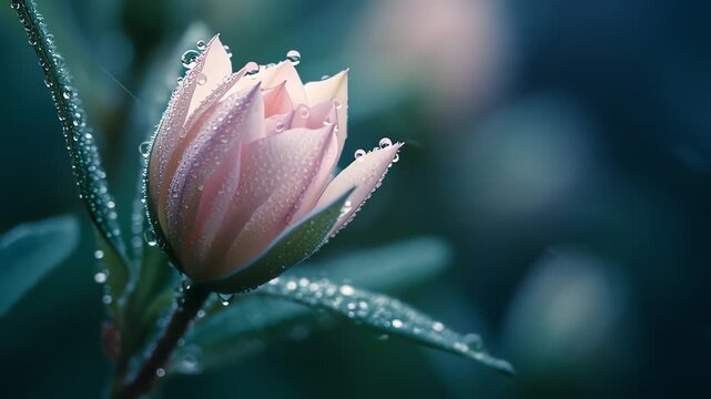 Extreme closeup of a flower bud slowly opening with dew drops, poetic spring awakening captured in soft pastel light.